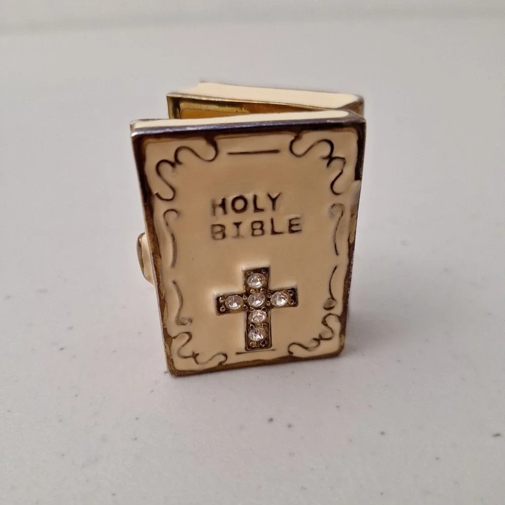Vintage Brass Enamel Jeweled Hinged Holy Bible Trinket Box Mini 2
